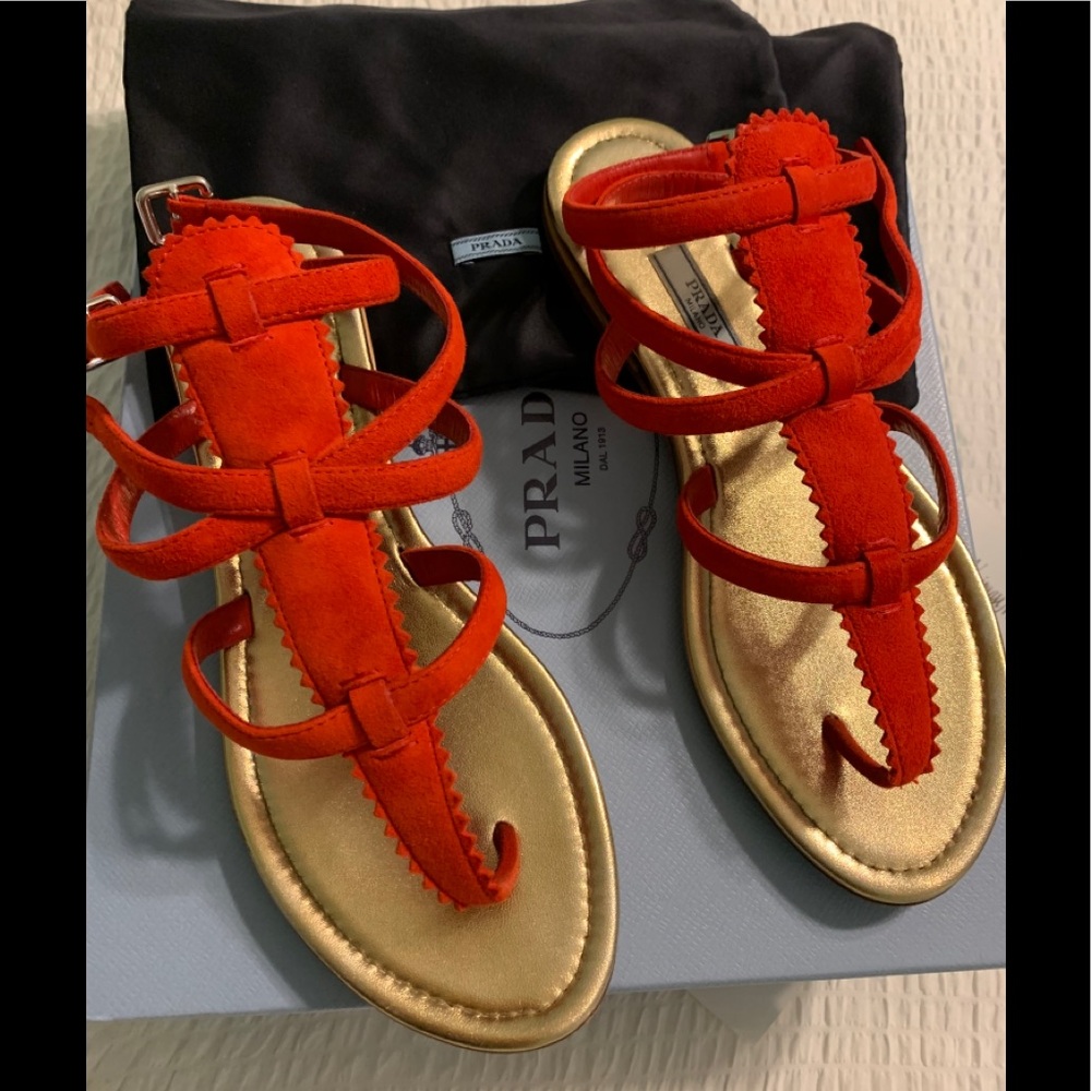 PRADA gladiator sandal 37.5 7.7 red orange